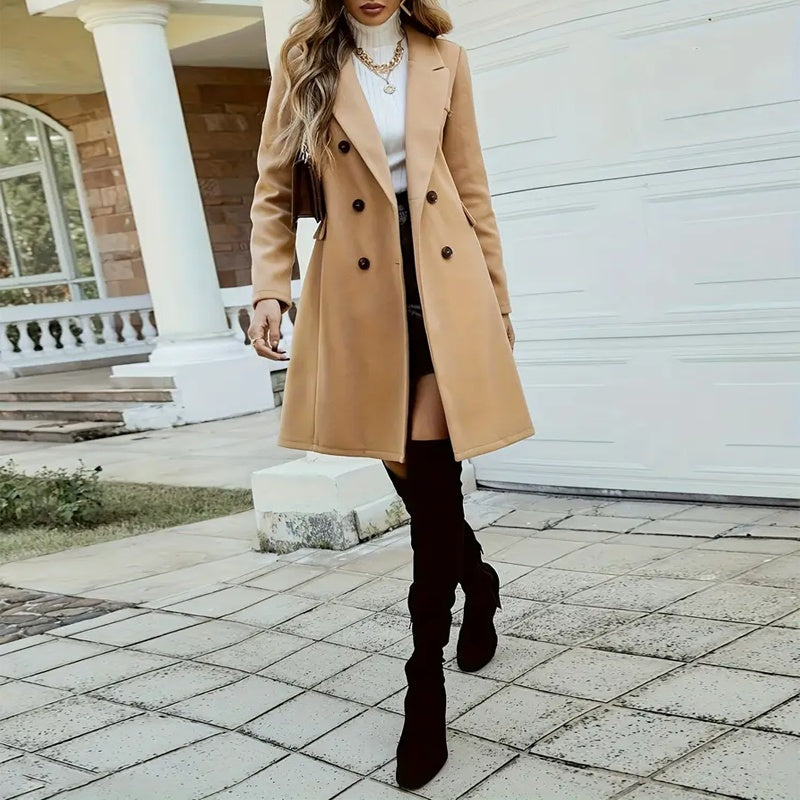 Classic Double Breasted Mid-Length Wool-Like Coat With Notch Lapel