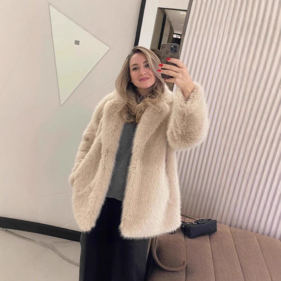 Mid-Length Faux Wool Coat With Belt And Faux Fur Collar