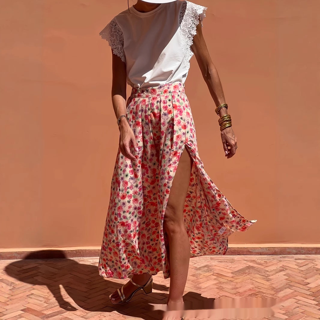 Red Floral Print Casual Skirt For Elegant Everyday Wear