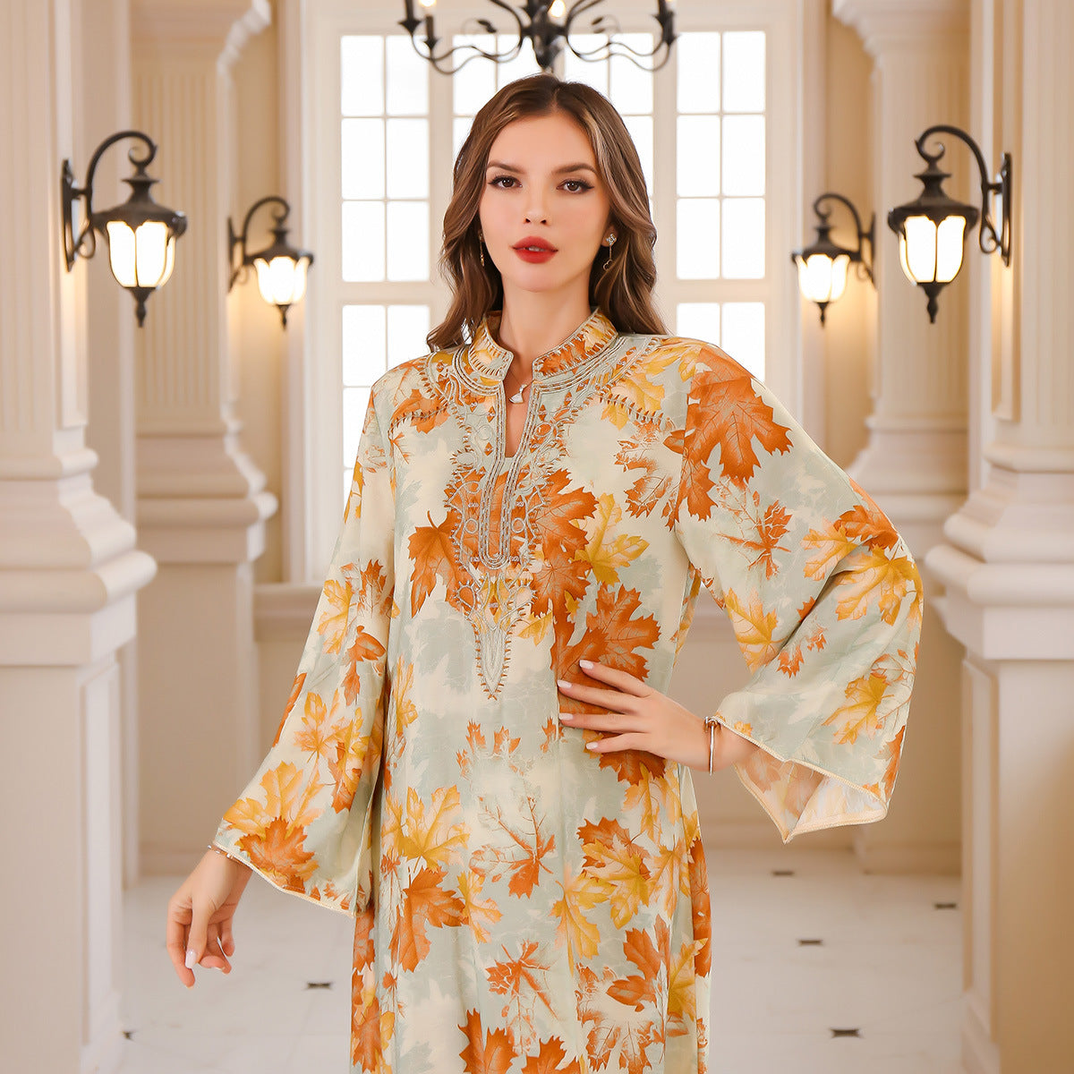 Printed Long Sleeve Summer Gown Dress With Flowing Silhouette