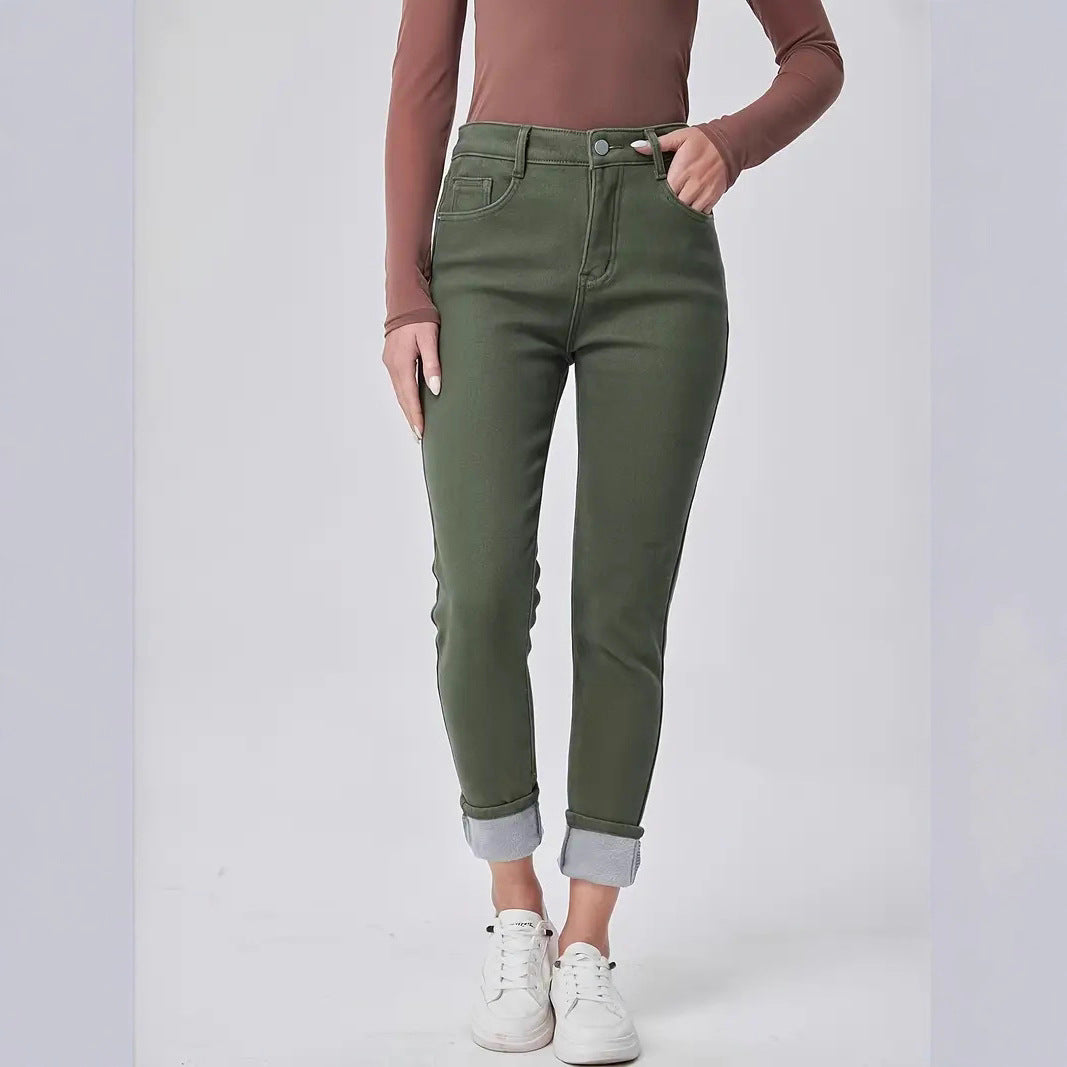 Dark Green Washed High Waist Slim Fit Skinny Denim Trousers