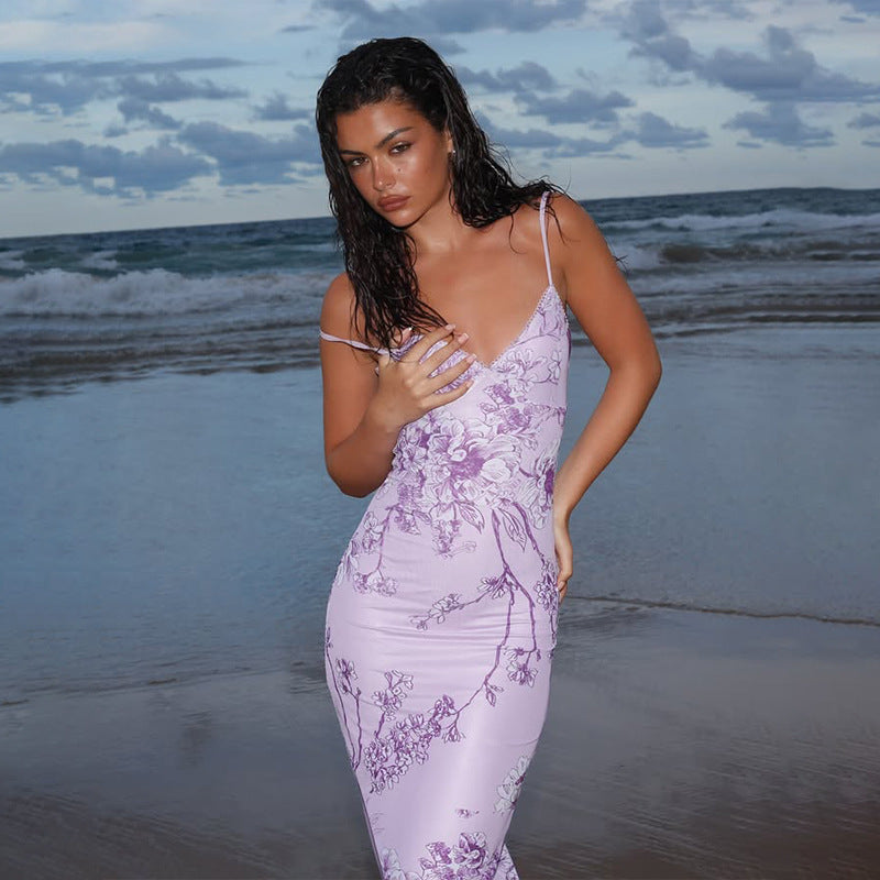 Elegant V-Neck Purple Print Bodycon Dress for Evening Parties-Theone Apparel