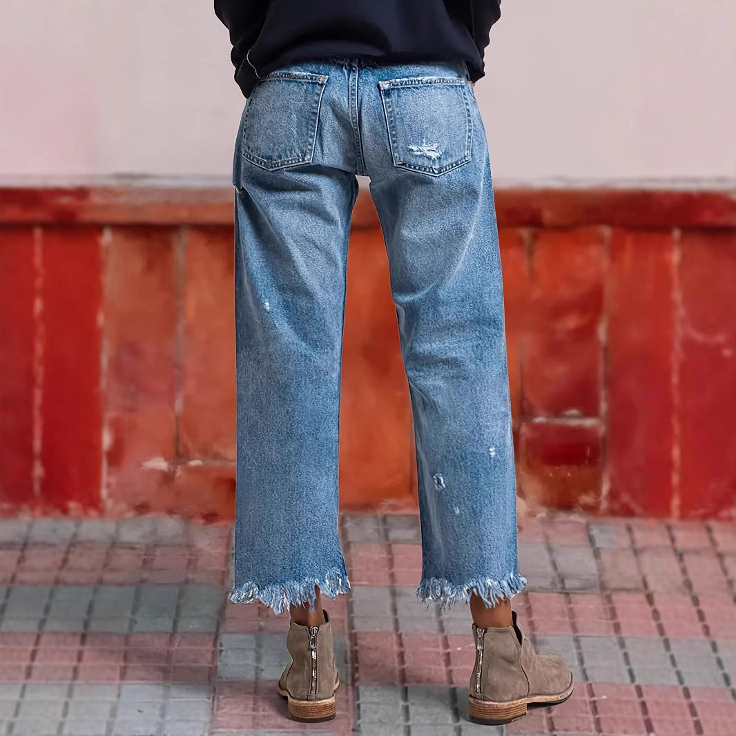 Ripped Stretch Straight Jeans with Easy Motion Comfort-Theone Apparel