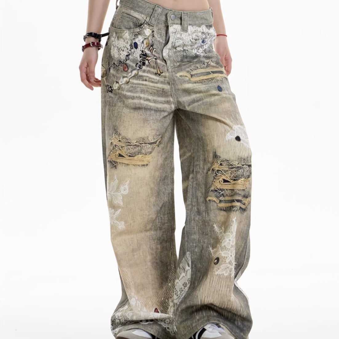 Statement Cross-Print Wide-Leg Jeans with Graphic Appeal-Theone Apparel
