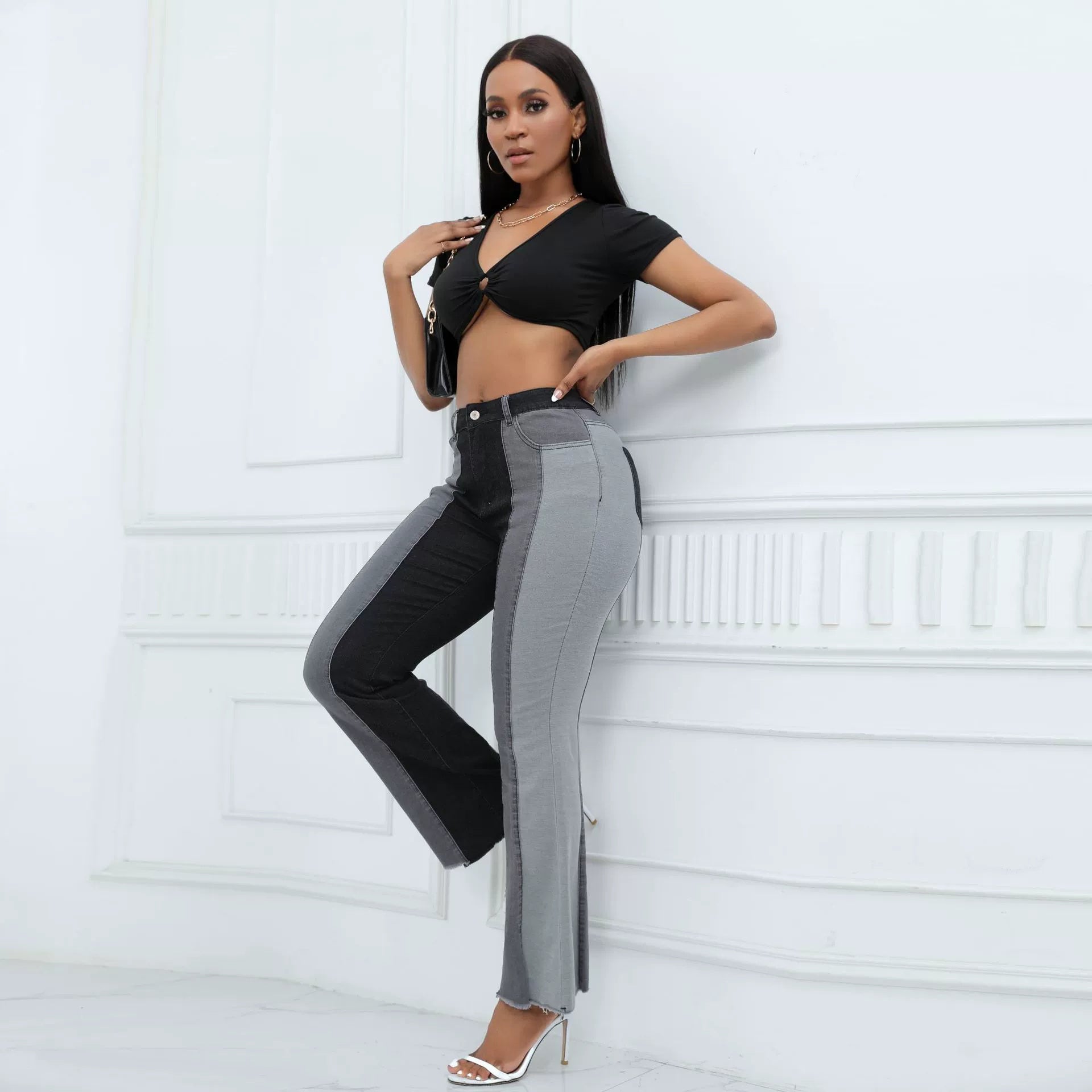 Stretch Bell-Bottom Jeans with Retro Wide-Leg Swing-Theone Apparel
