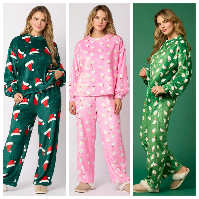Women's Velvety Santa Hat Patterned Two Piece Pajama Set-Theone Apparel