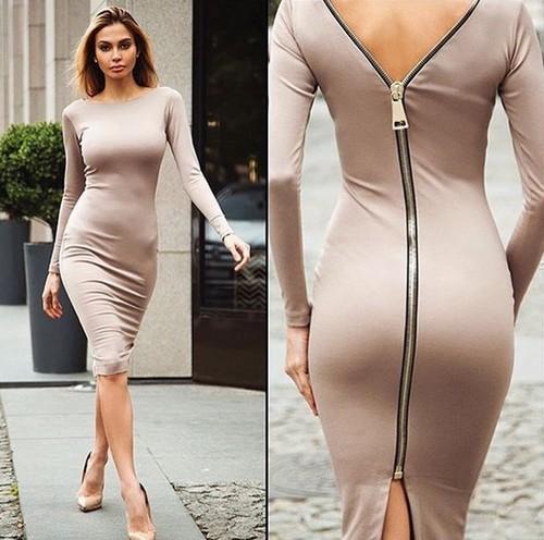 Zip Back Skintight Long Sleeve Dress-Theone Apparel