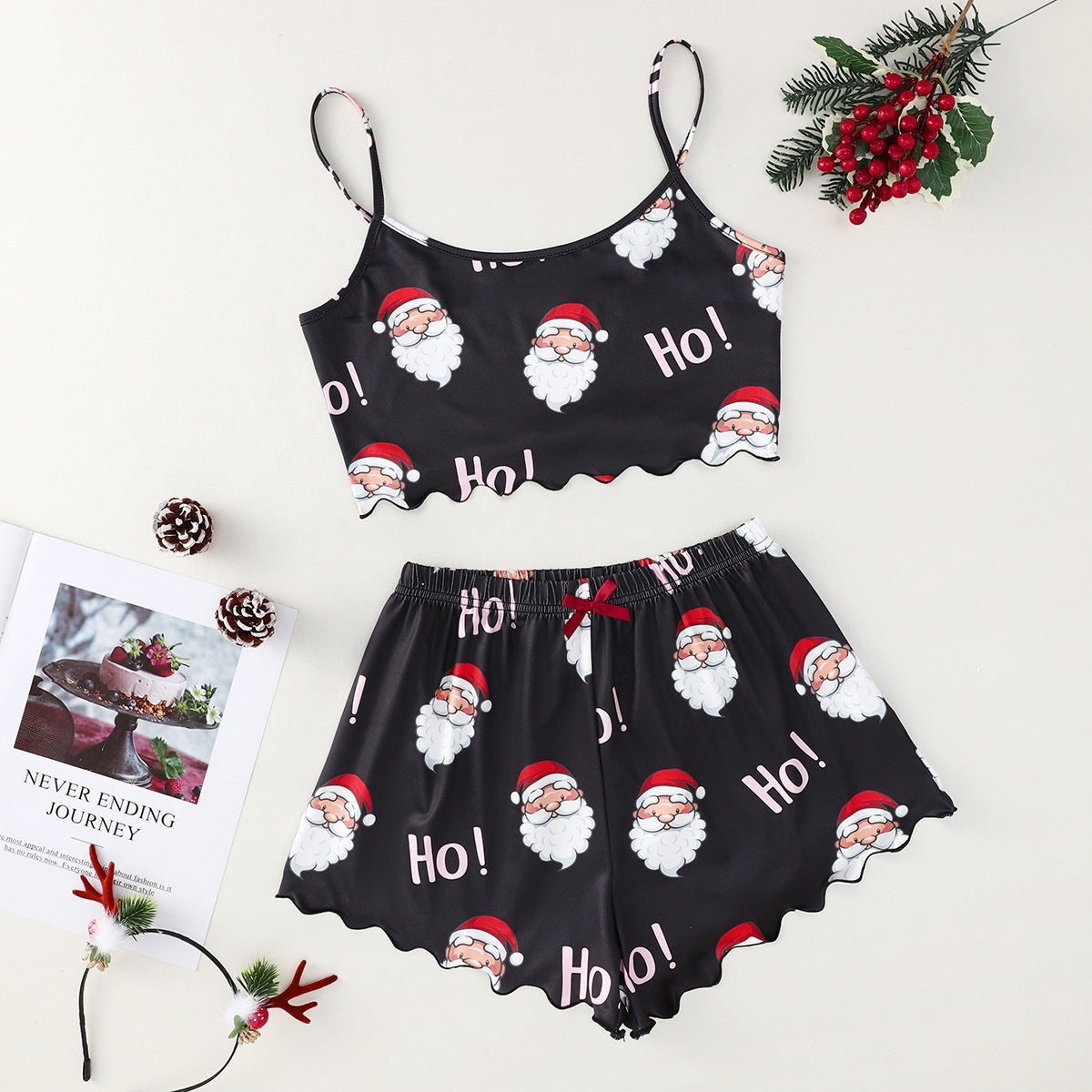 Schattige tweedelige tweedelige kerstpajama voor dames Pyjama Crop Top en Shorts Set