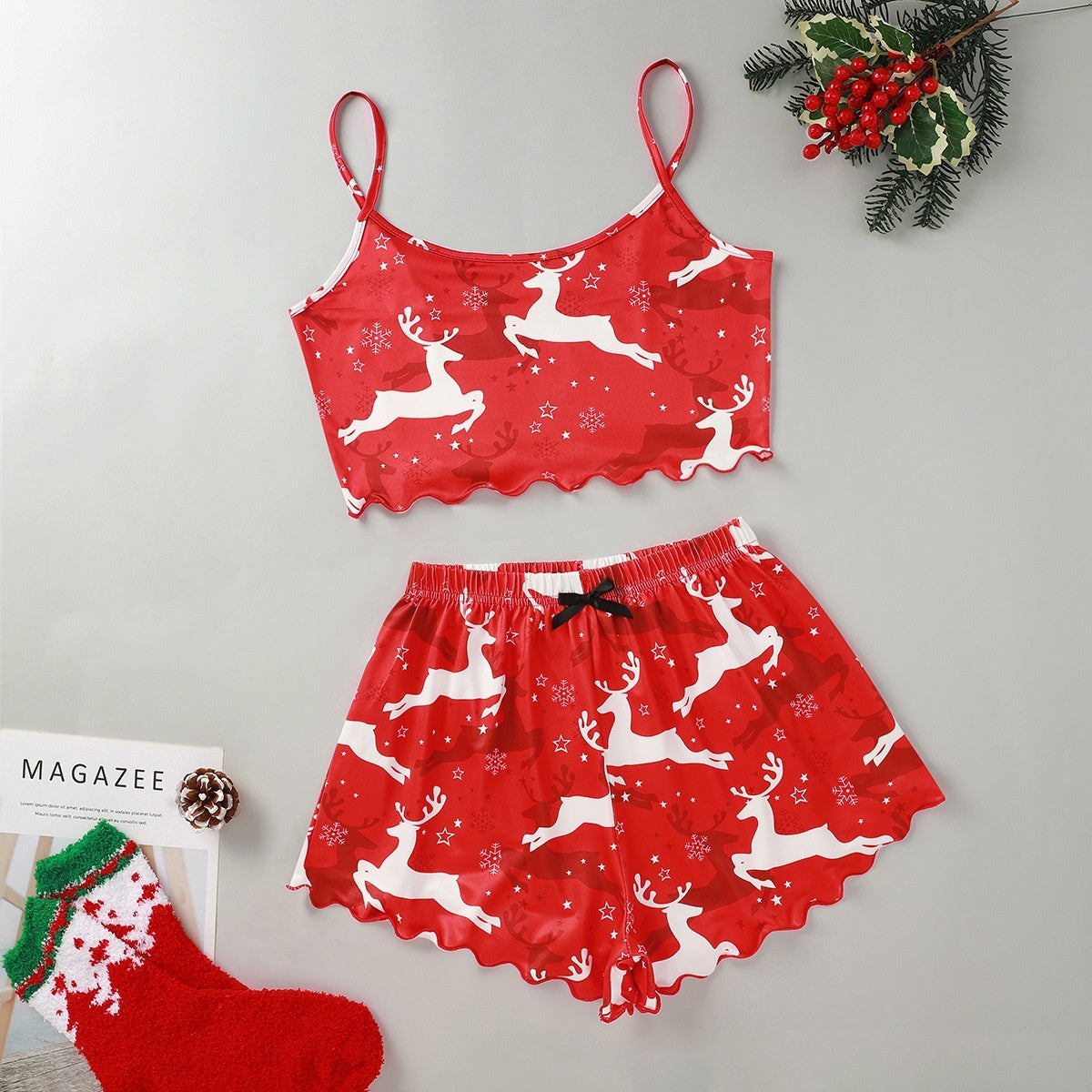 Schattige tweedelige tweedelige kerstpajama voor dames Pyjama Crop Top en Shorts Set