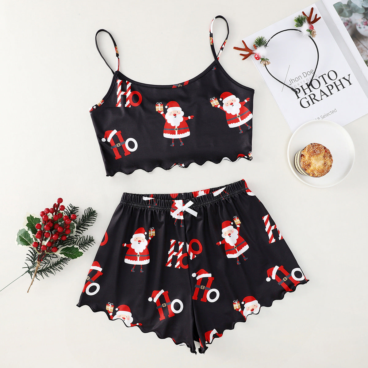 Schattige tweedelige tweedelige kerstpajama voor dames Pyjama Crop Top en Shorts Set