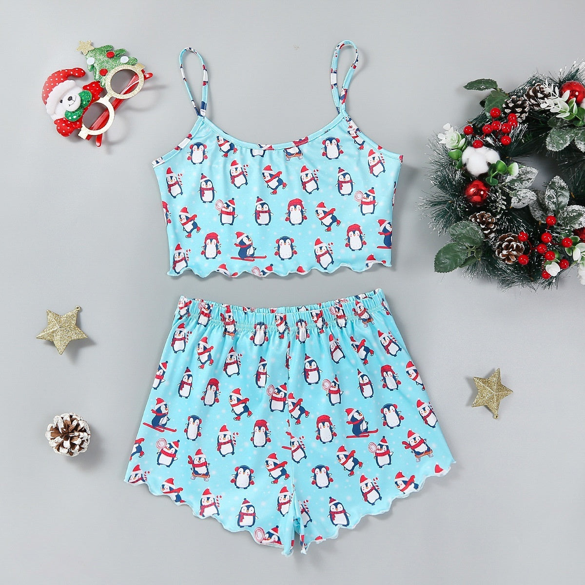 Schattige tweedelige tweedelige kerstpajama voor dames Pyjama Crop Top en Shorts Set