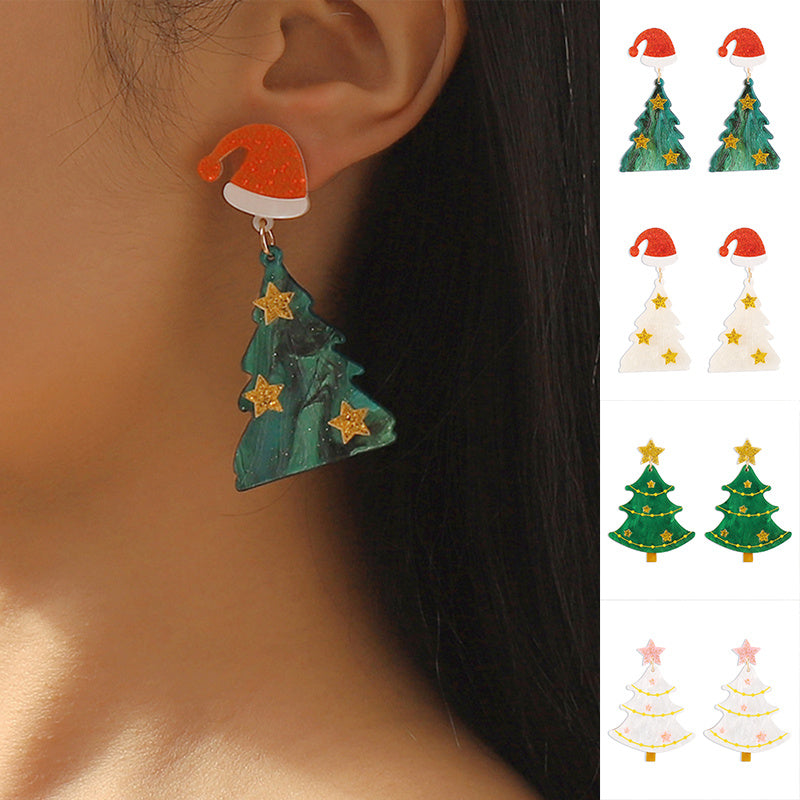 Festive Christmas Tree Dangle Drop Earrings with Santa Hat Stud