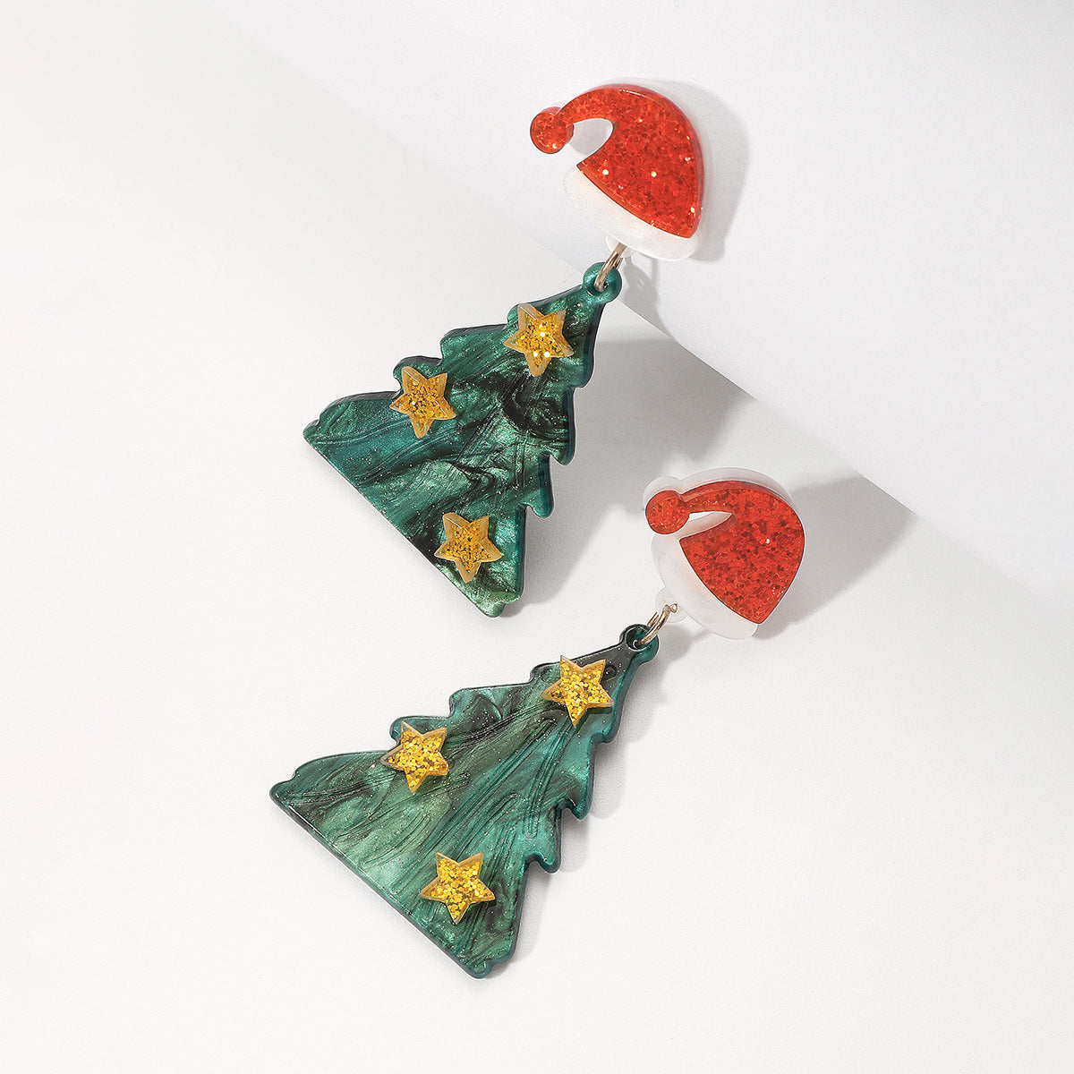 Festive Christmas Tree Dangle Drop Earrings with Santa Hat Stud