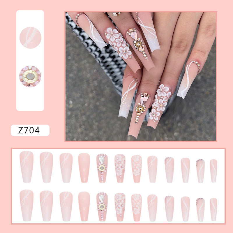 Women's Long Coffin Shape Fake Nails with Floral and Jewel Adornments