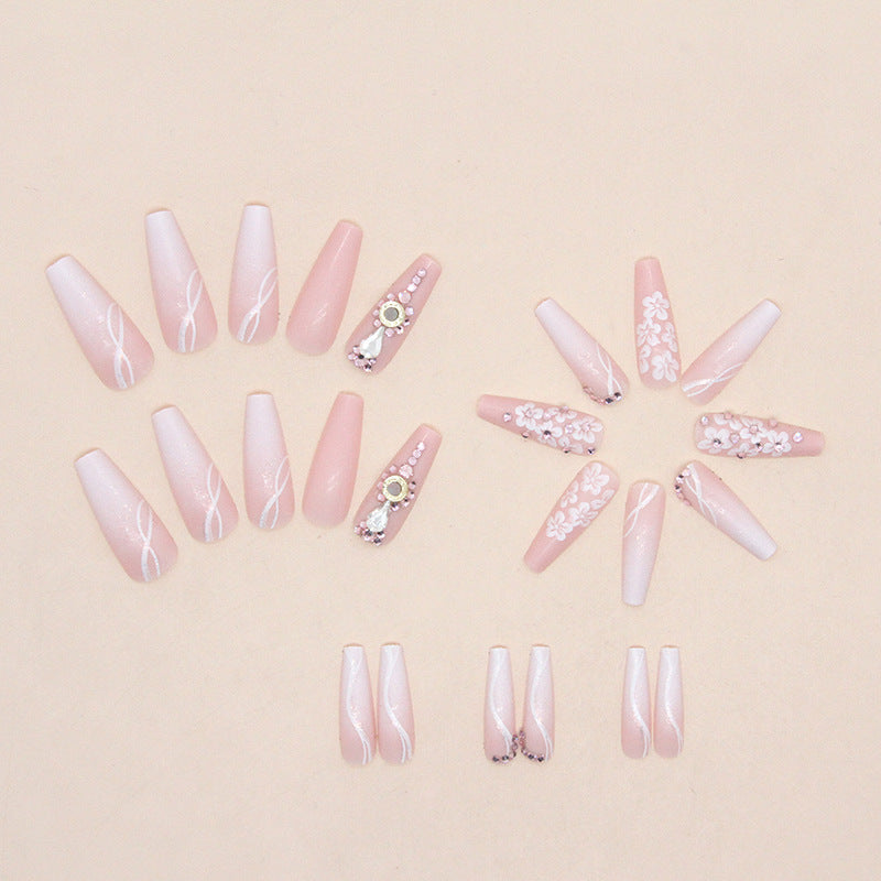 Women's Long Coffin Shape Fake Nails with Floral and Jewel Adornments