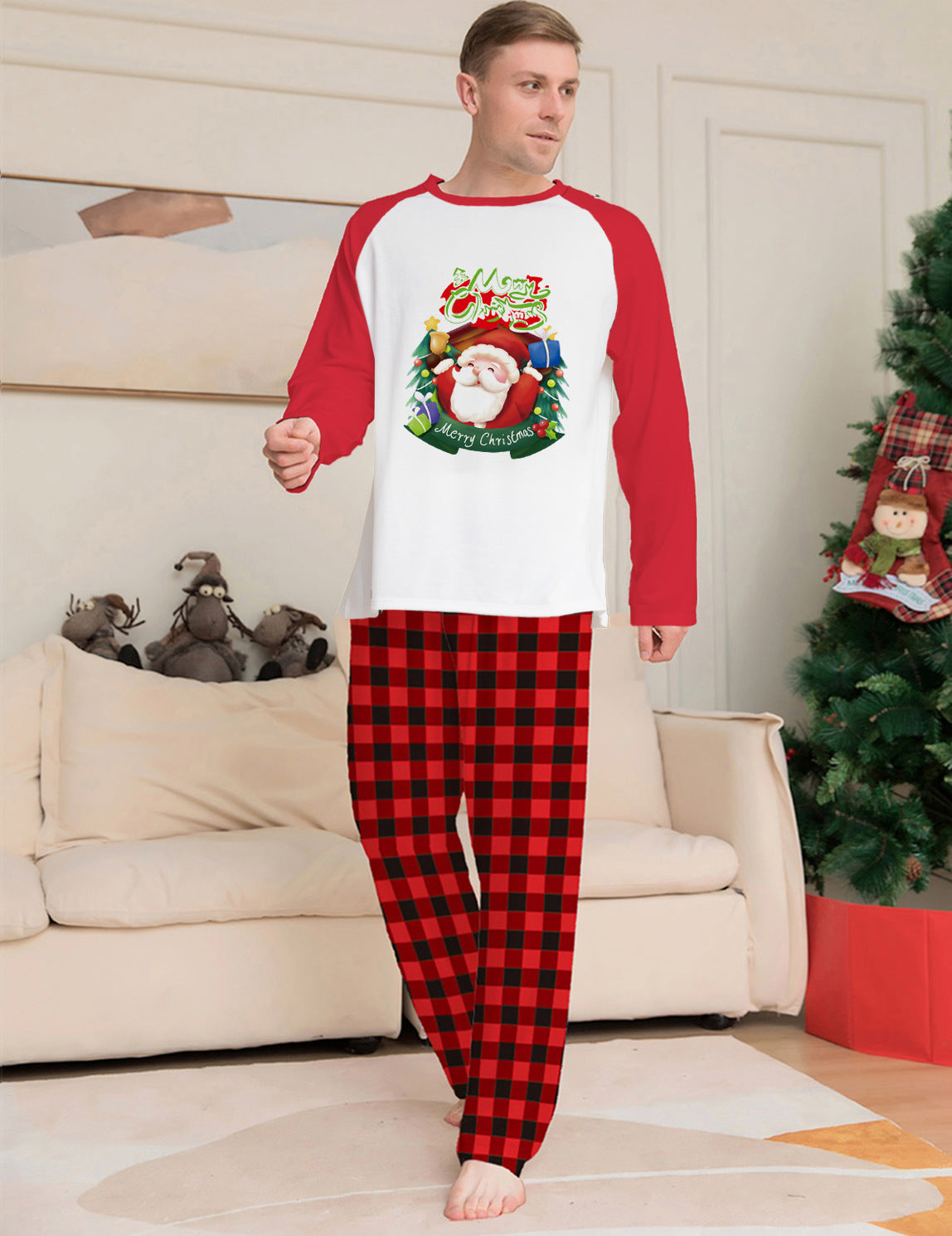 Matching Family Red and White Reindeer Christmas Pajama Set