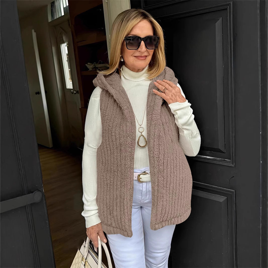 Women's Solid-Color Casual Fuzzy Hooded Vest Sleeveless Jacket