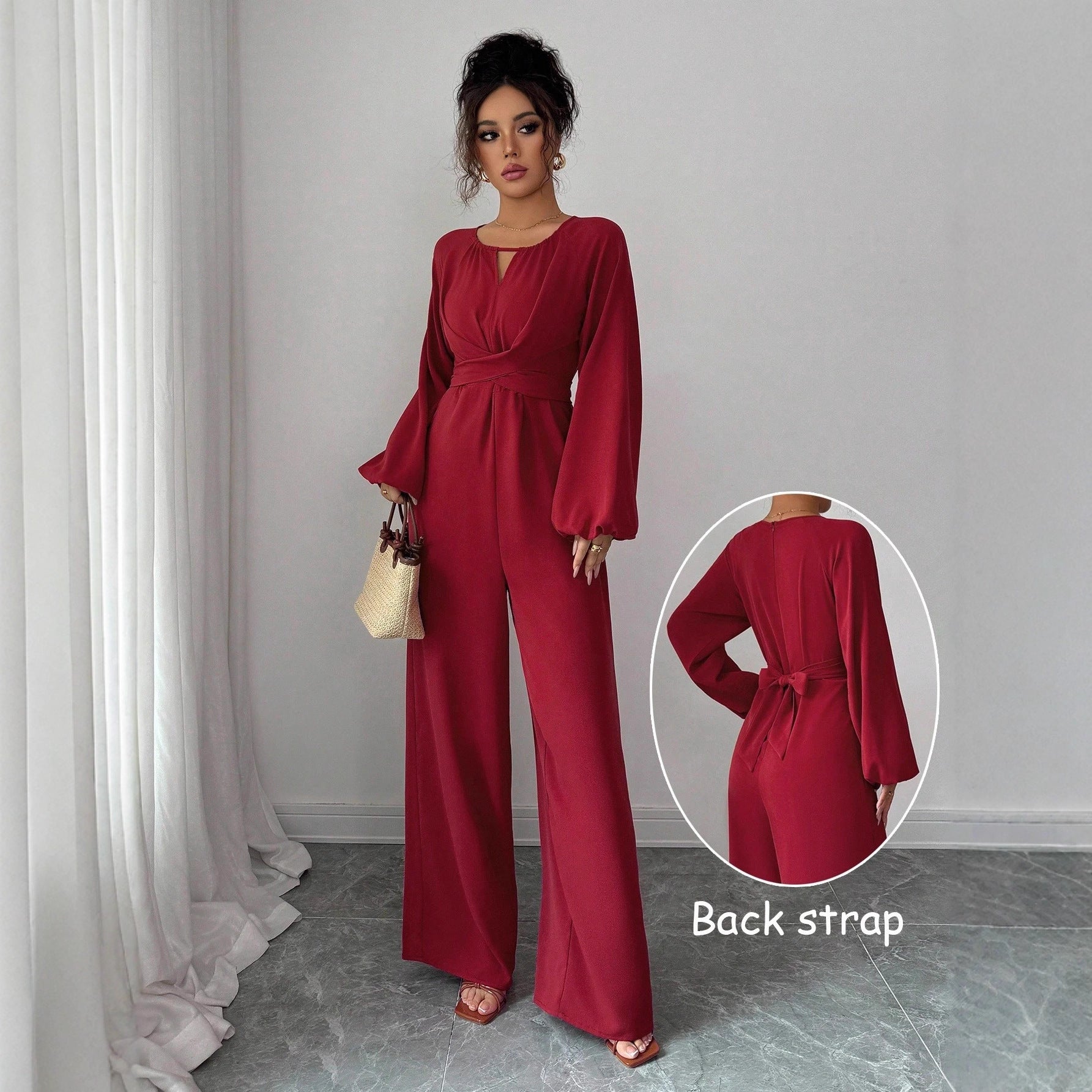 Women's Solid-Colored Jumpsuit With Puffed Sleeves, Square Neck And Wide Legs