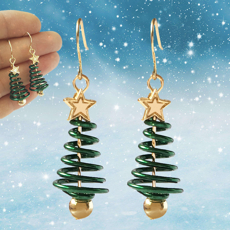 Festive Spiral Christmas Tree Drop Earrings with Golden Stud