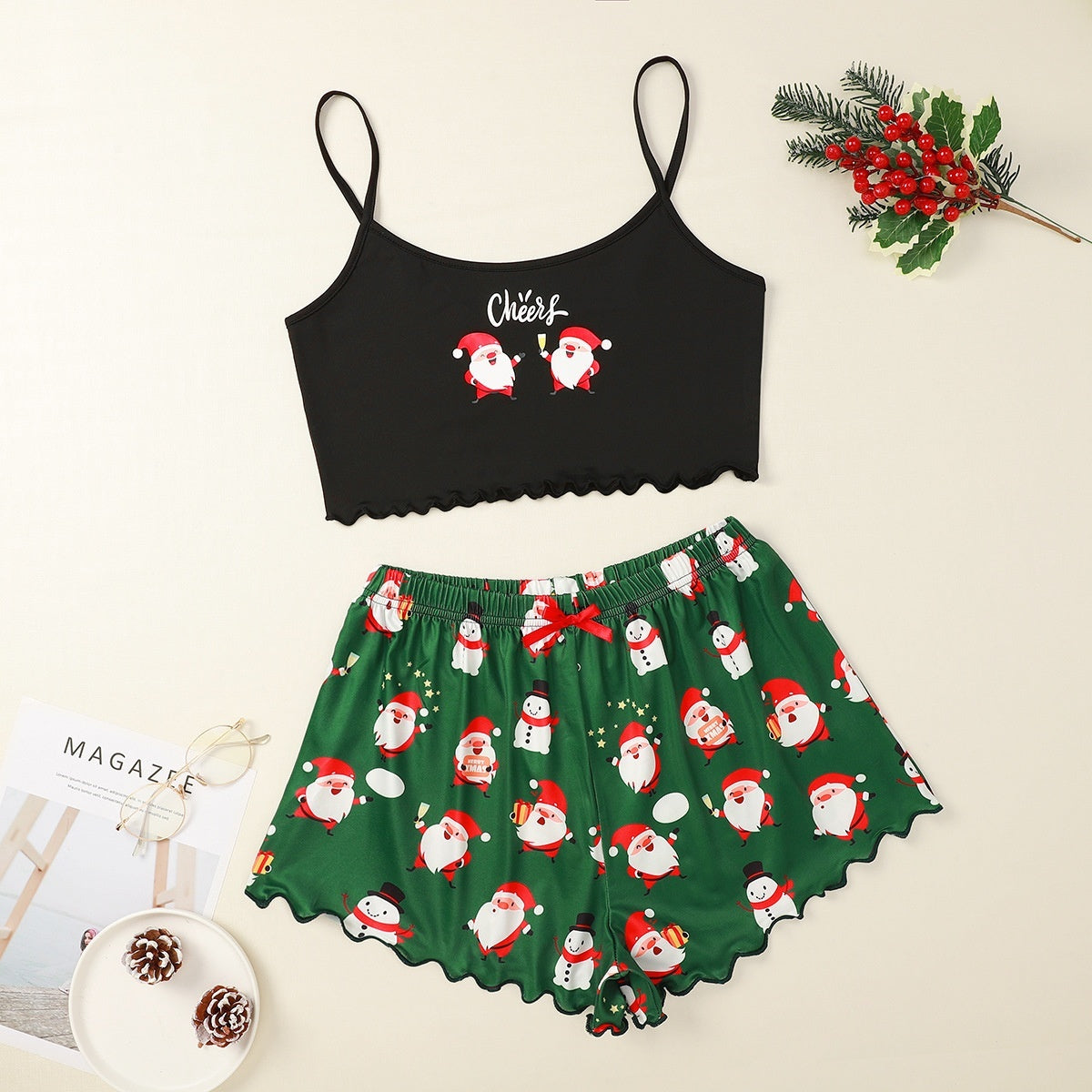 Schattige tweedelige tweedelige kerstpajama voor dames Pyjama Crop Top en Shorts Set