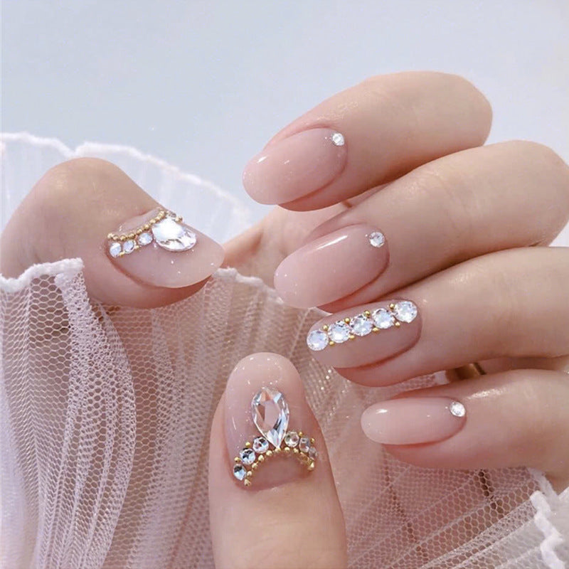 Women's Nude Pink Short Almond Shaped False Nails with Jewel Adornments