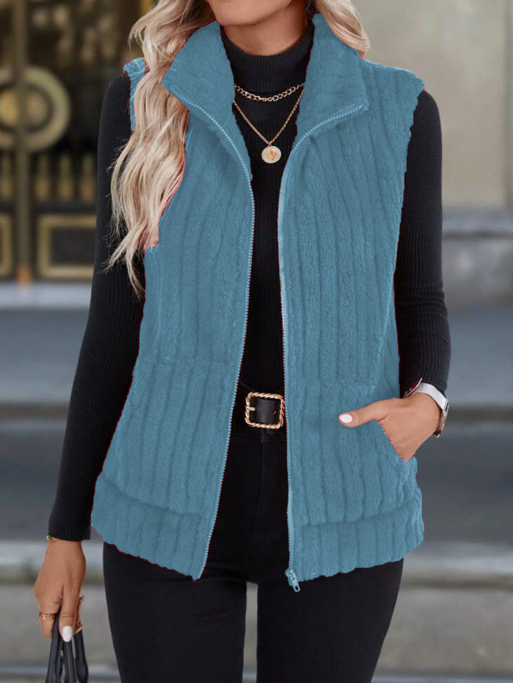 Versatile Lapel Zip Vest Top For Casual Street Style