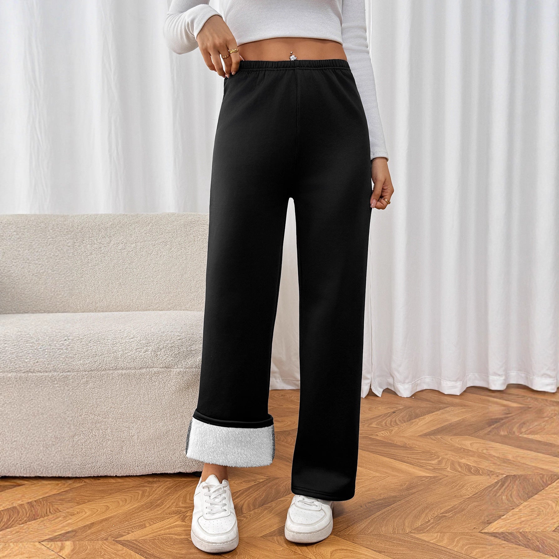 Lamb White Velvet Wide Leg Warm-keeping Pants Female Winter Plus Velvet Thickened Casual
