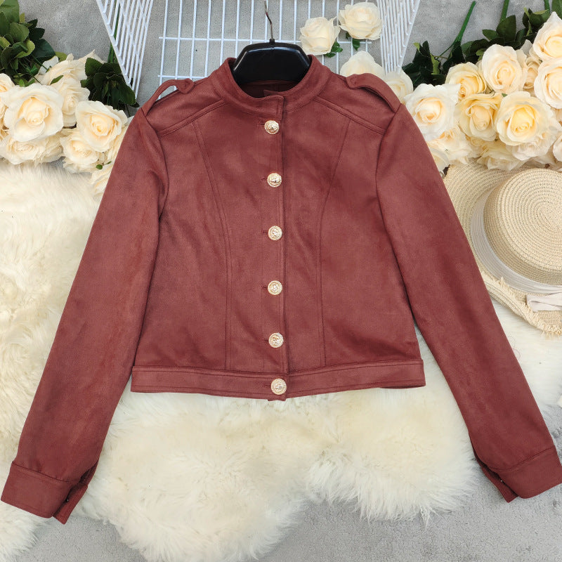 Women's Fashion Retro Long Sleeve Short Suede Jacket