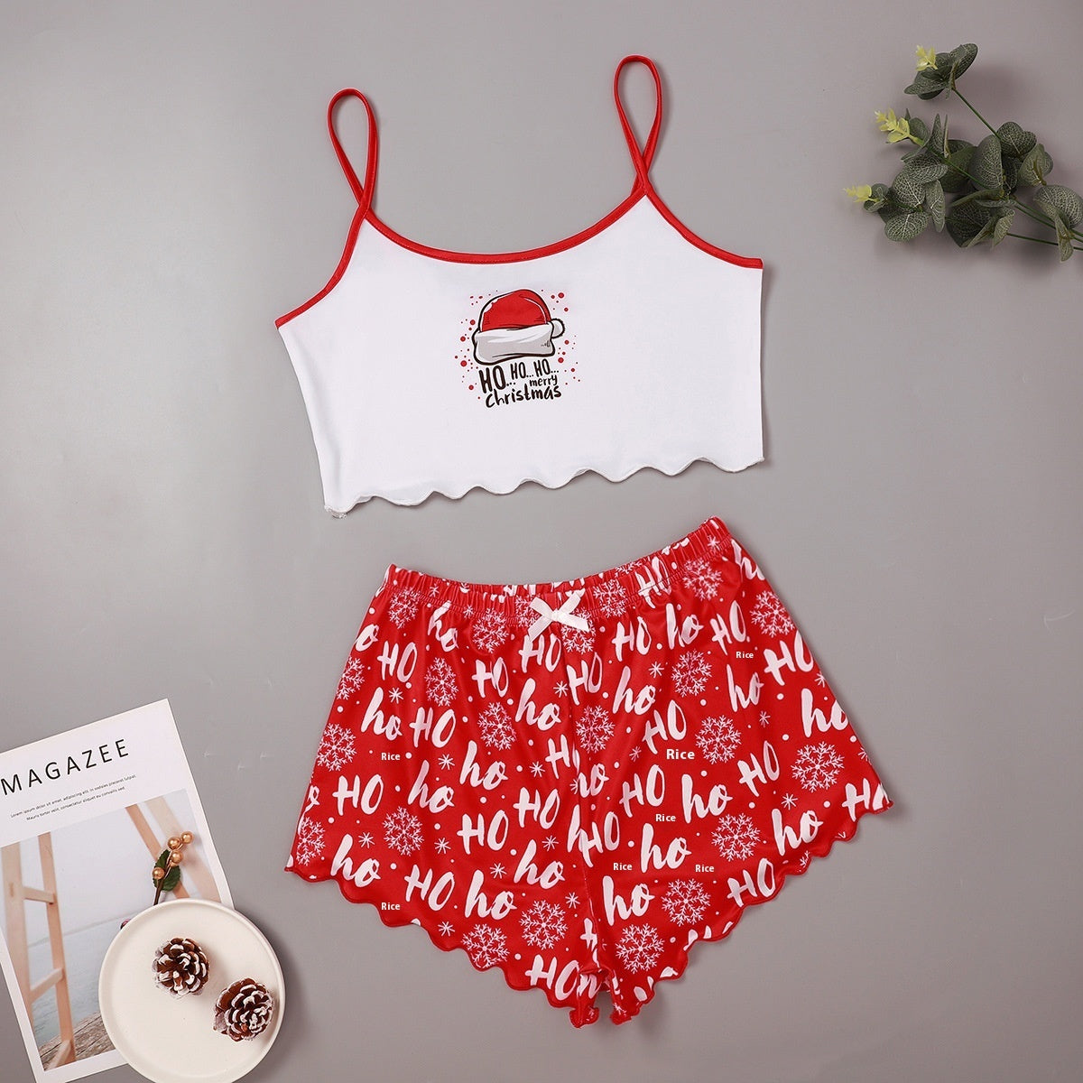 Schattige tweedelige tweedelige kerstpajama voor dames Pyjama Crop Top en Shorts Set