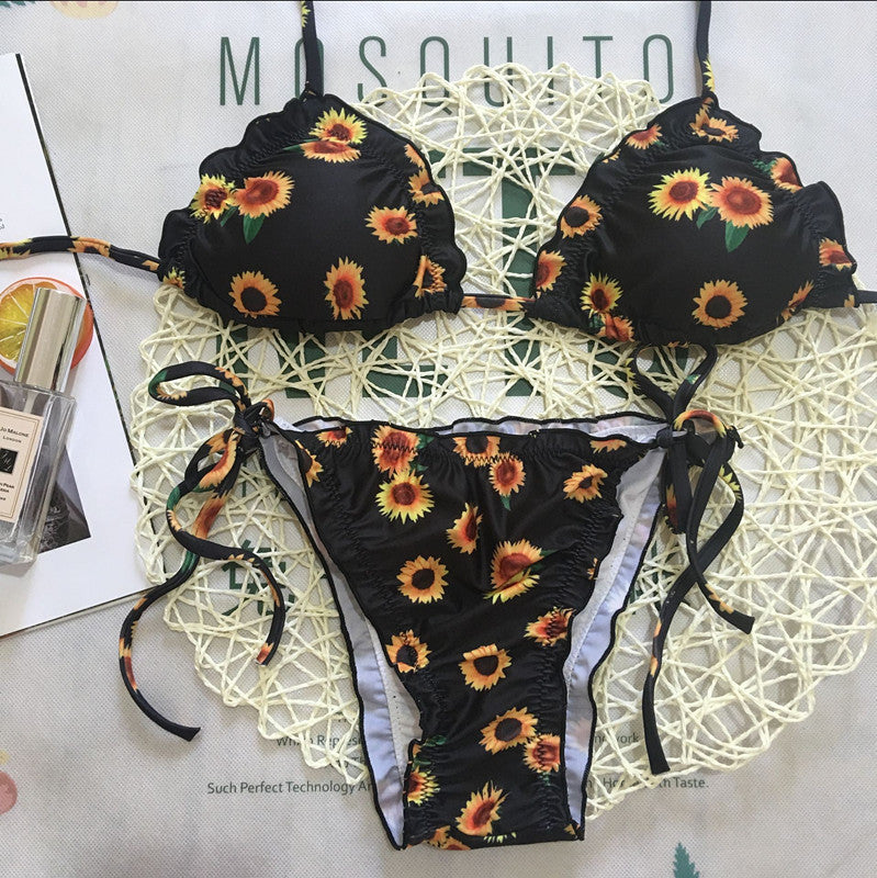 Tweedelige zwarte en gele zonnebloemprint bikini voor dames