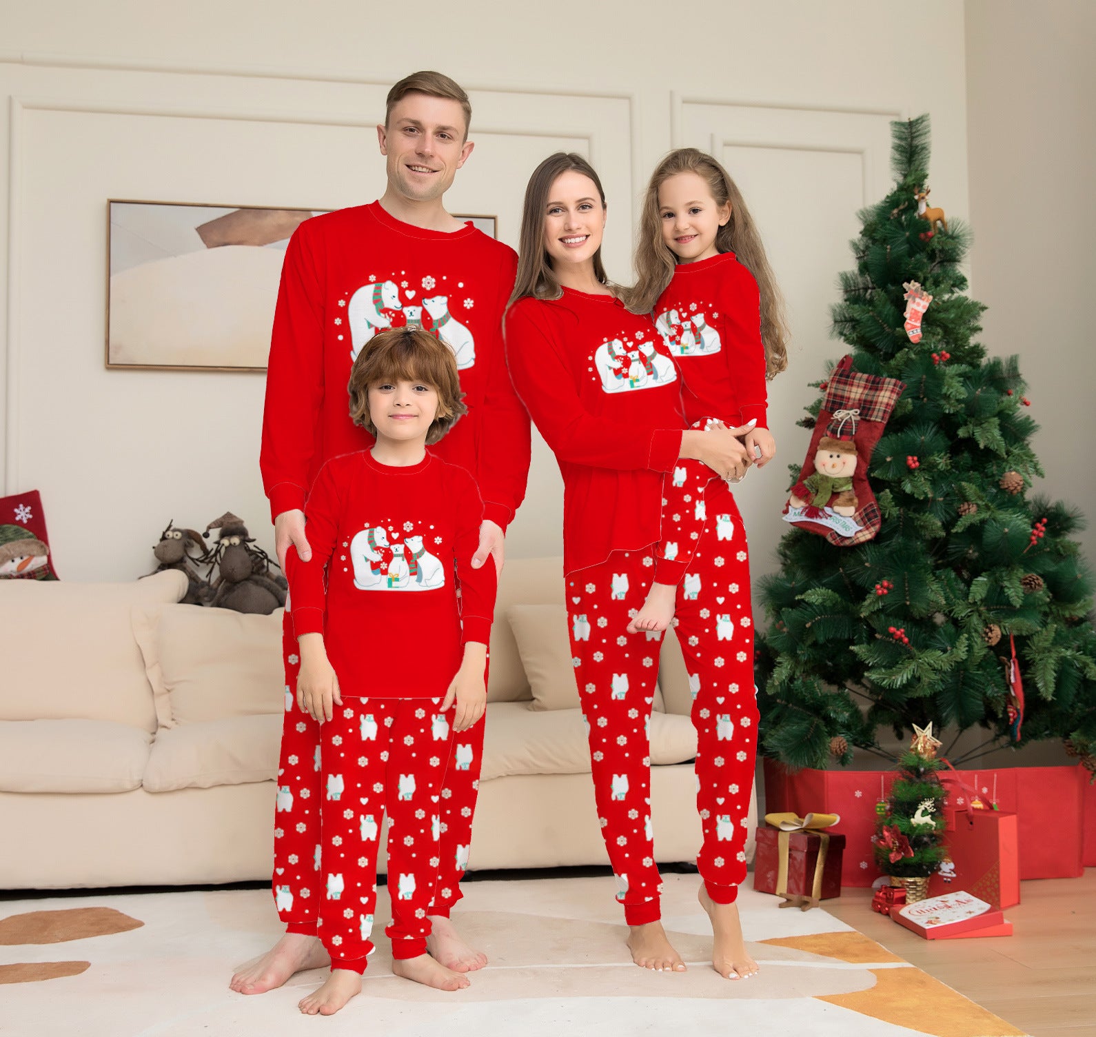 Red and White Polar Bear Matching Family Pajamas for Christmas Morning