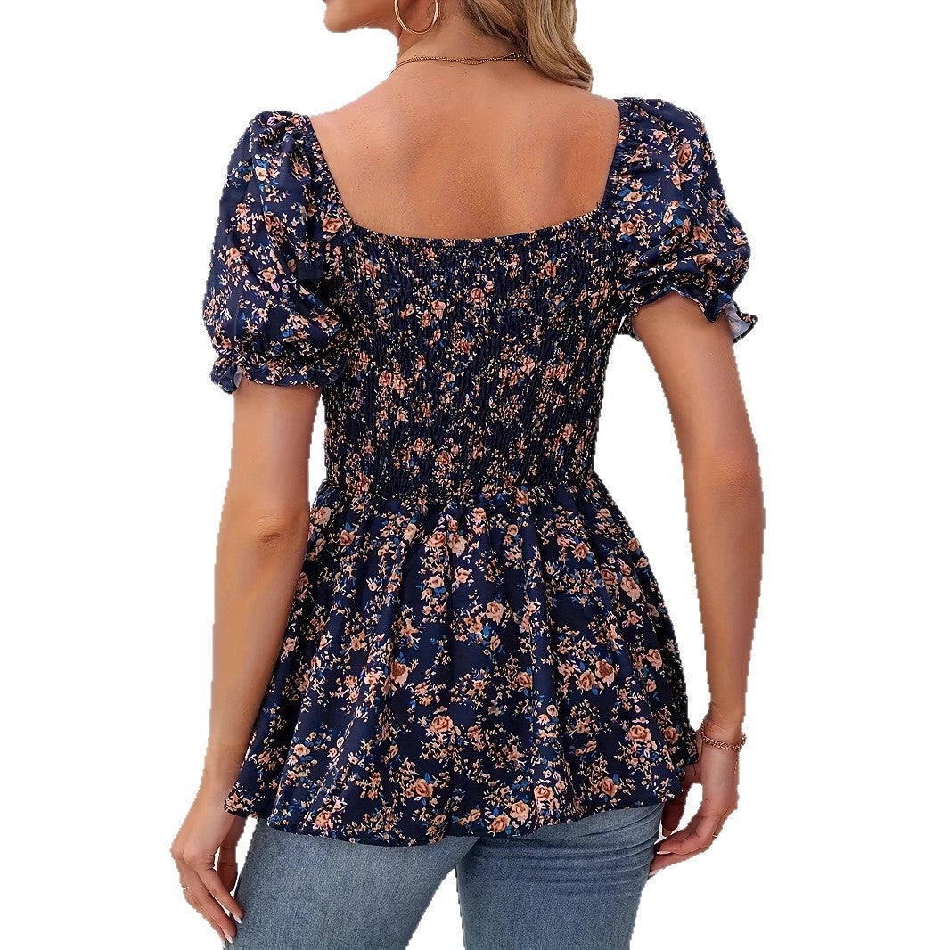 Women's Casual Square Neck Smocked Floral Vacation Blouse