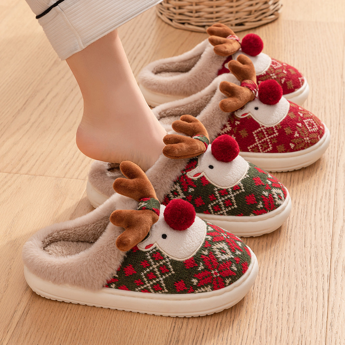 Durable and Soft 3D Reindeer House Shoes with Traction Soles