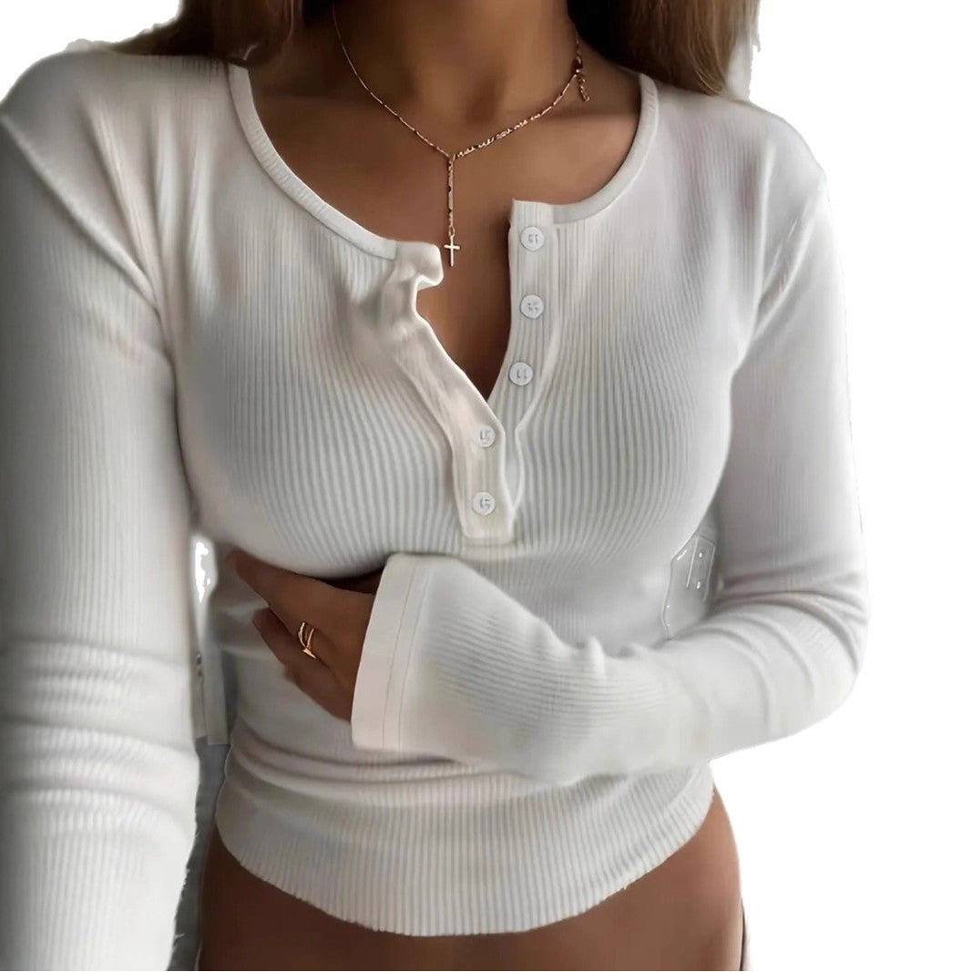 White Button-Front Slim-Fit Long Sleeve Ice-Silk Top