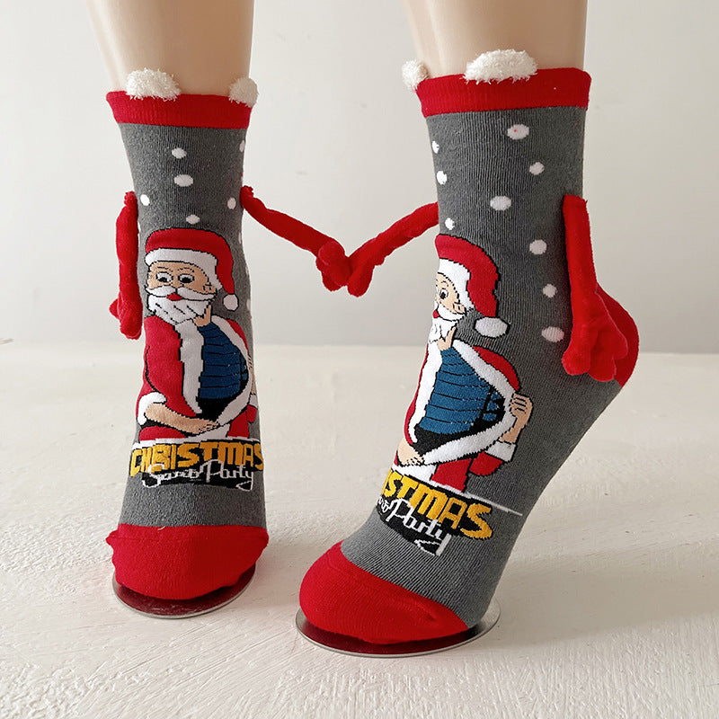 Cute Magnetic Hand Holding Christmas Themed Ankle Socks for Couples