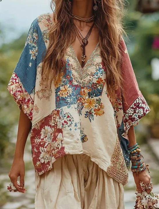 Retro Color-blocked Casual V-neck Mid-sleeve Top