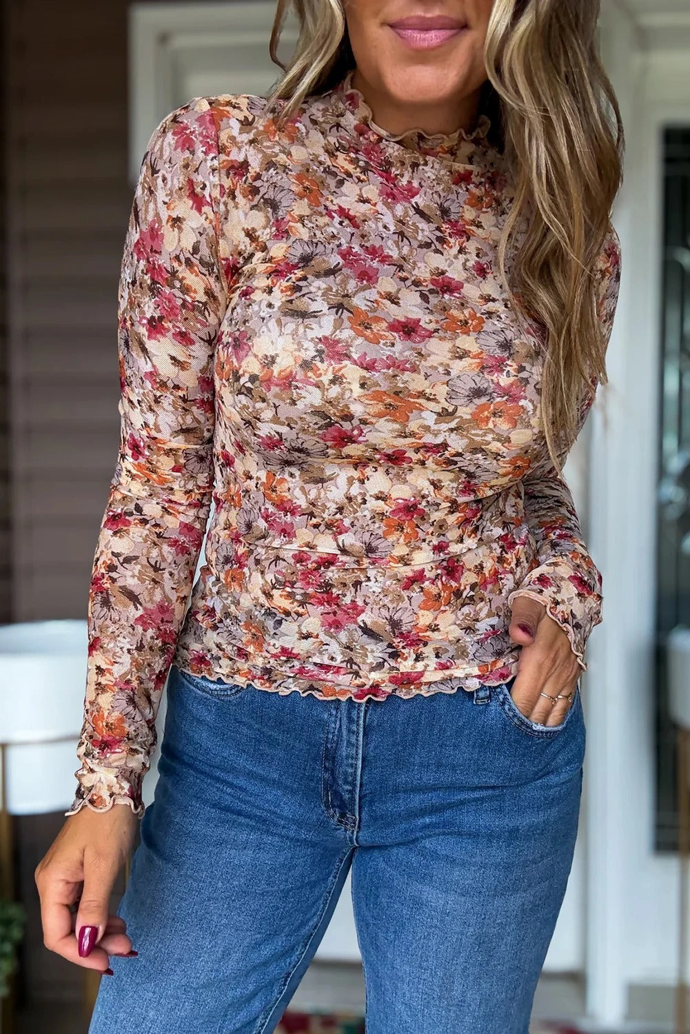 Women's Casual Long-Sleeve Lace Floral Mesh Top