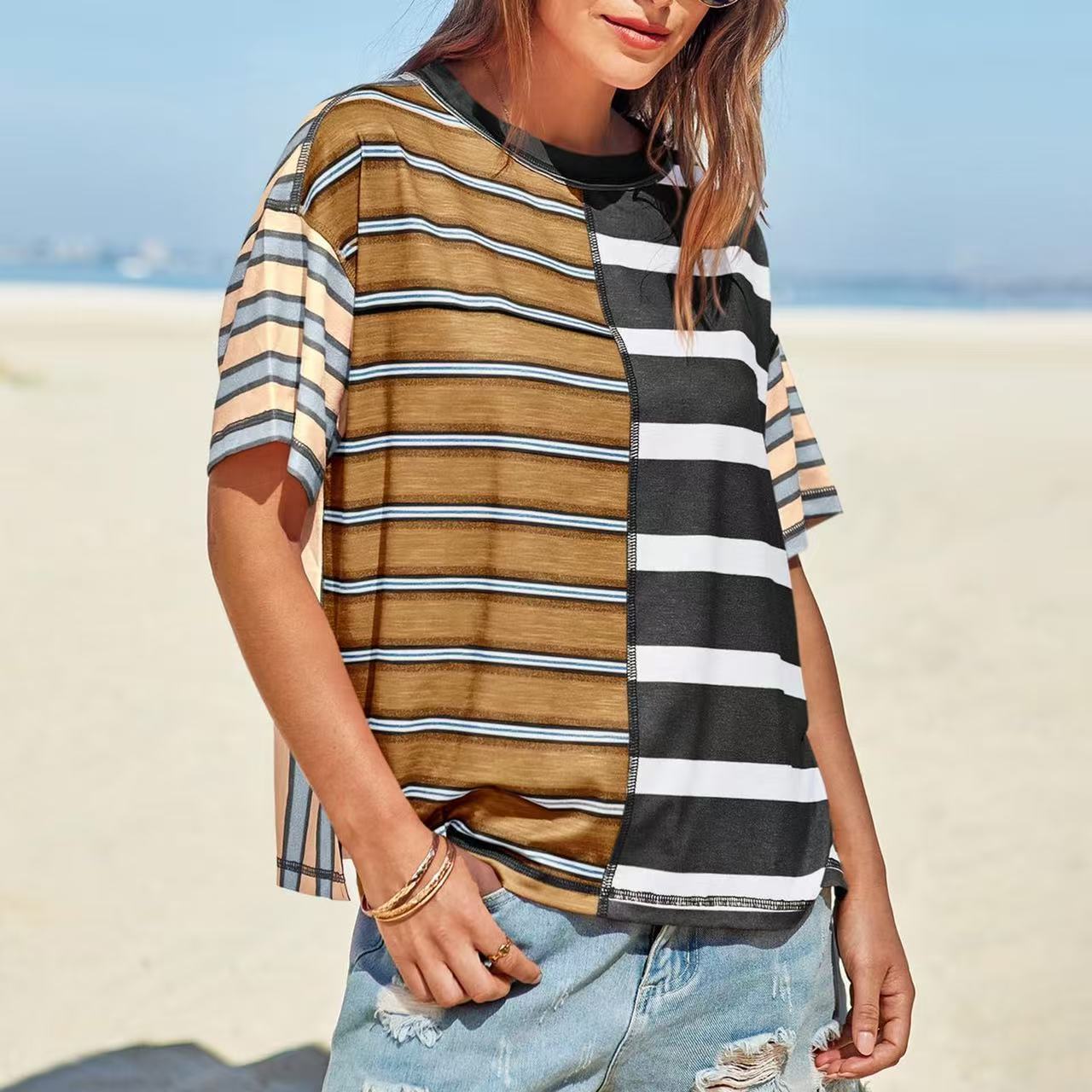 Women's Striped Casual Loose-fitting Short-sleeve Shirt