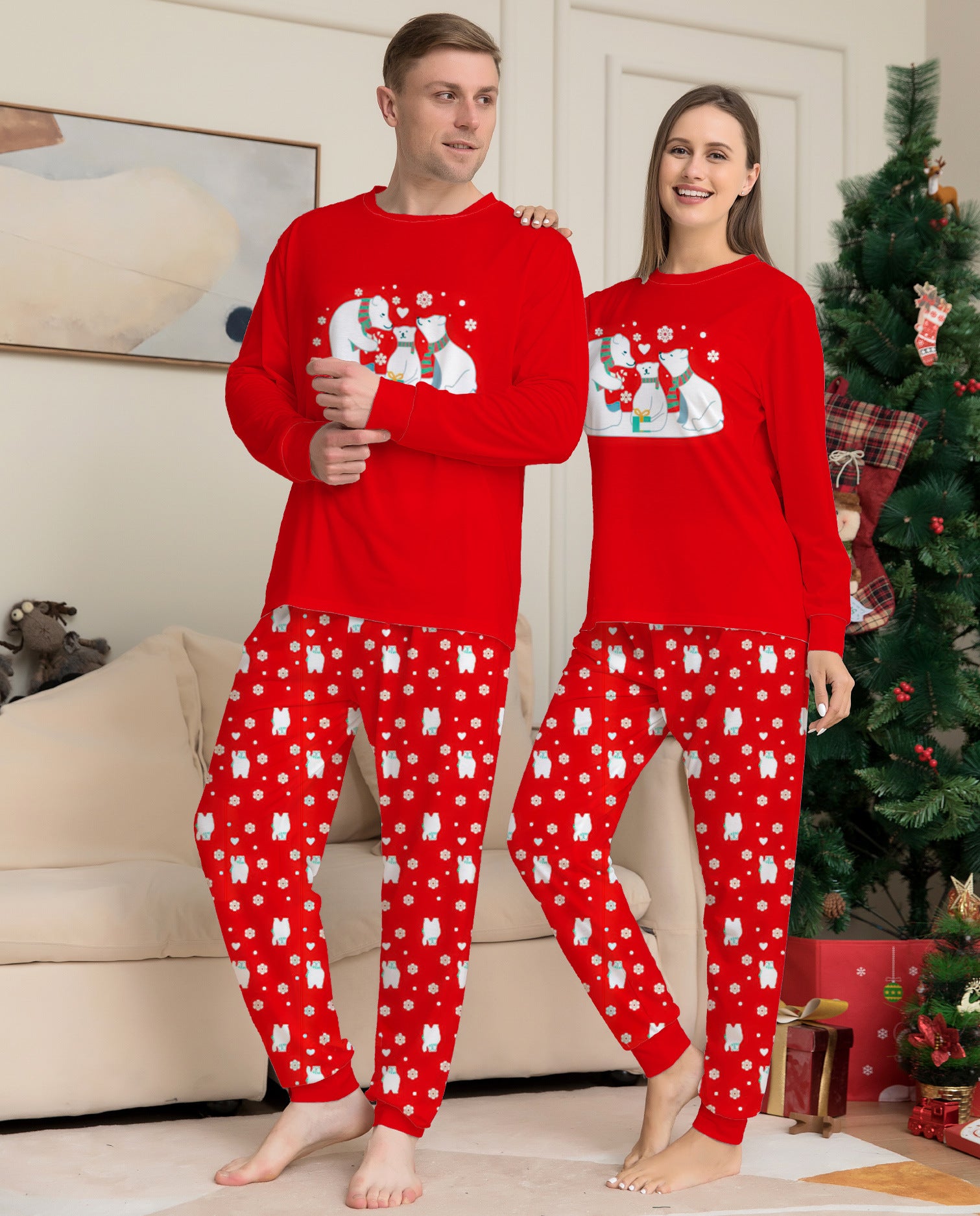 Red and White Polar Bear Matching Family Pajamas for Christmas Morning