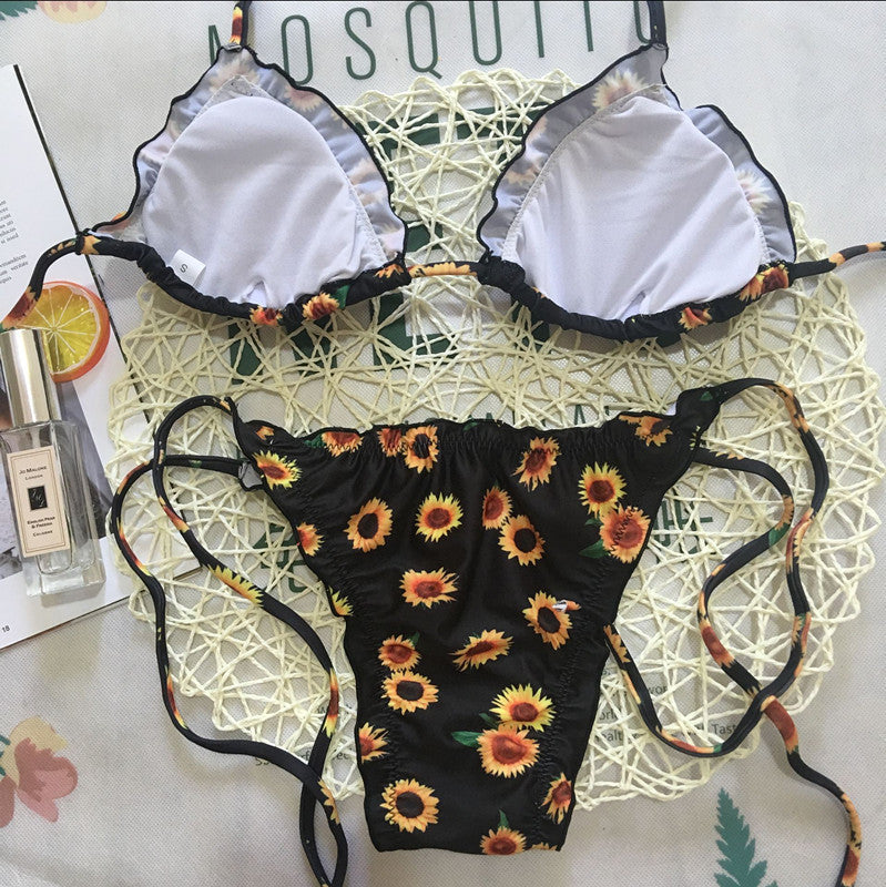 Tweedelige zwarte en gele zonnebloemprint bikini voor dames