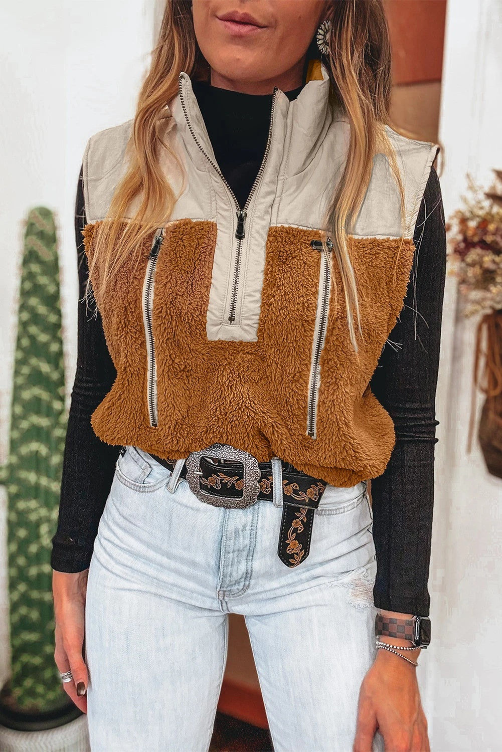 Women's Casual Stand Collar Stitching Wool Vest