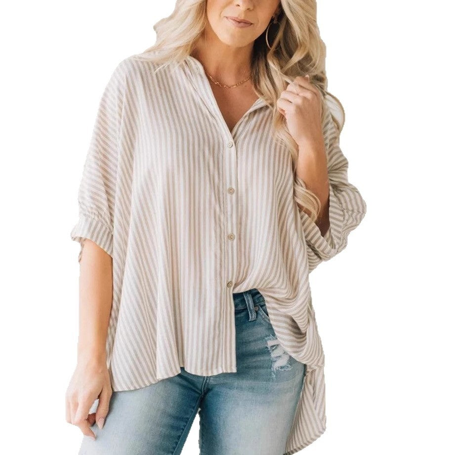 Women's Striped Fashionable Loose-fit Three-quarter-sleeve Shirt