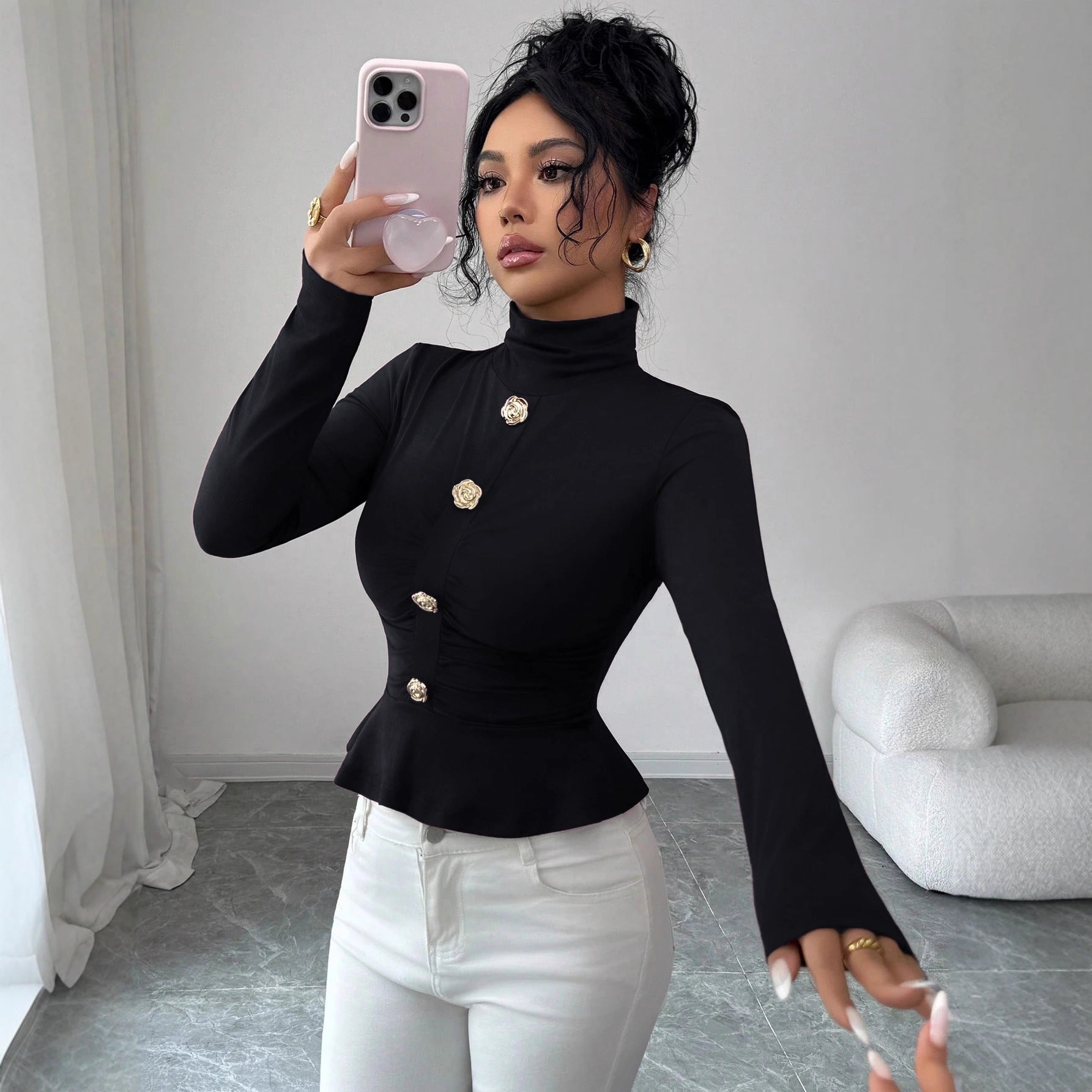 New Autumnwinter High-neck Pleated Top With A Figure-flattering Design