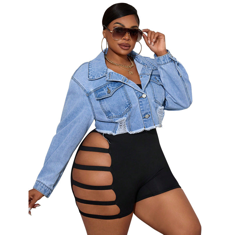 Women's Long-sleeve Ripped Denim Jacket