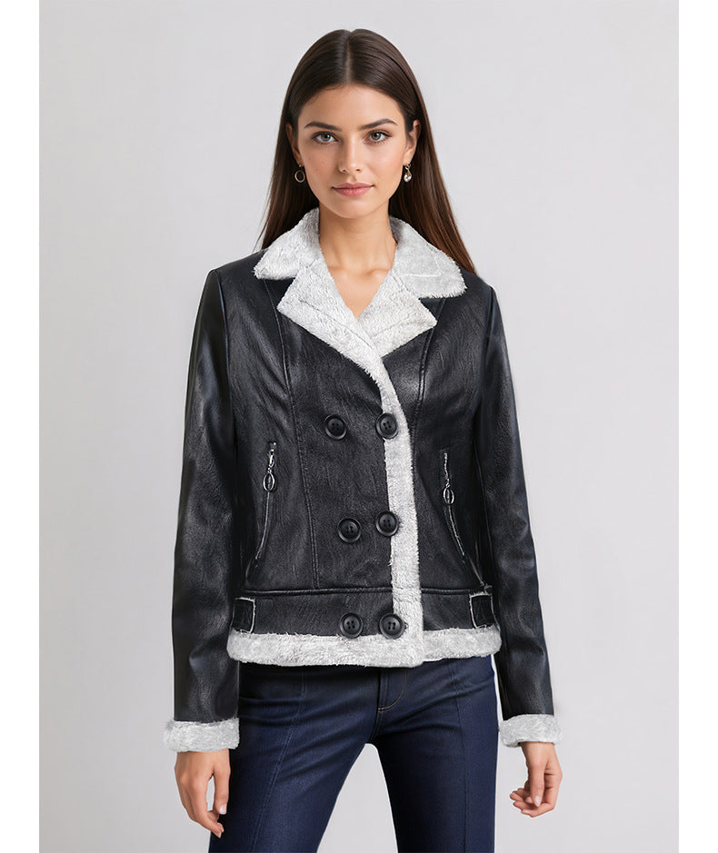 Fleece Padded PU Leather Belted Commuter Coat For Women