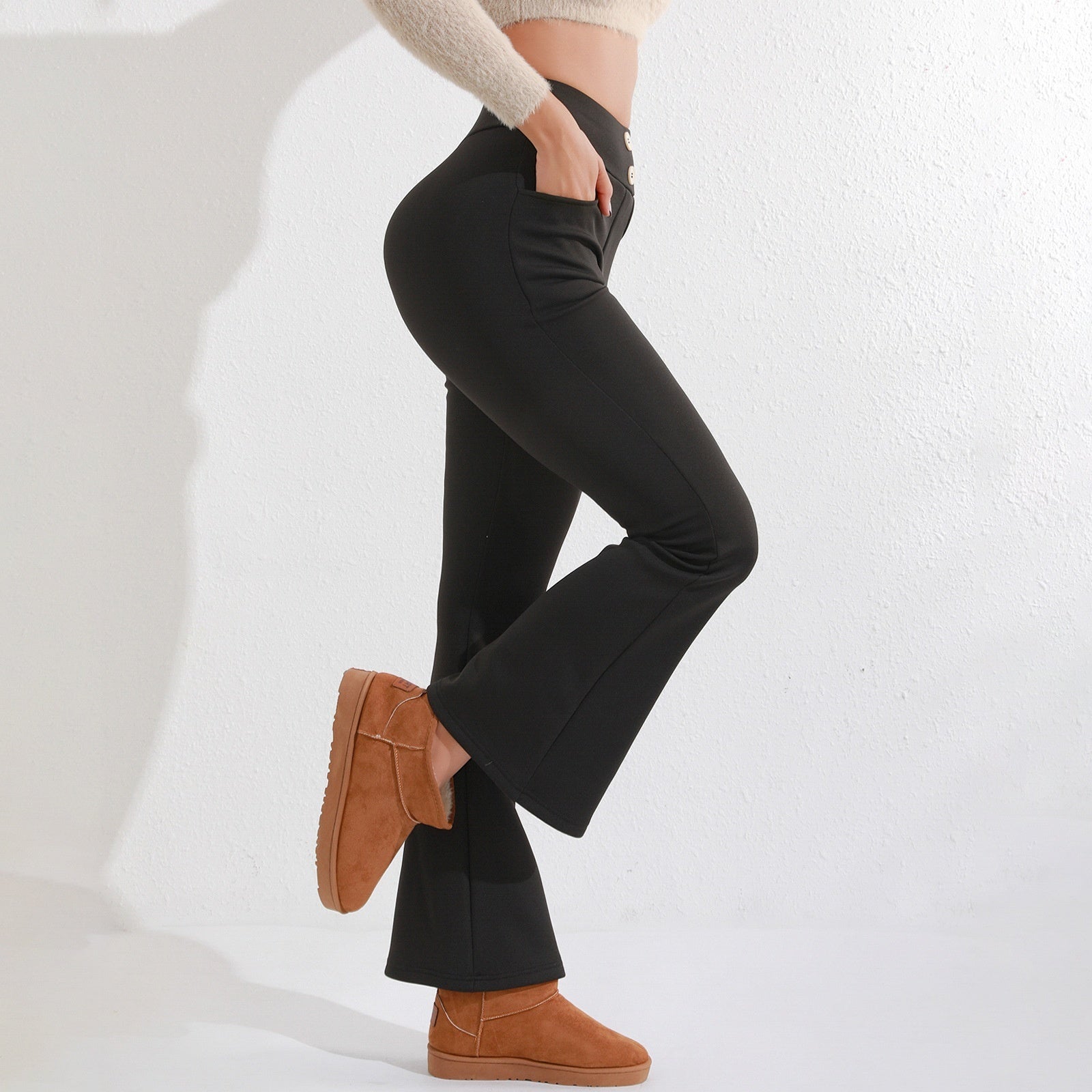High-Waist Brushed Slim Fit Commuter Pants With Button Detail