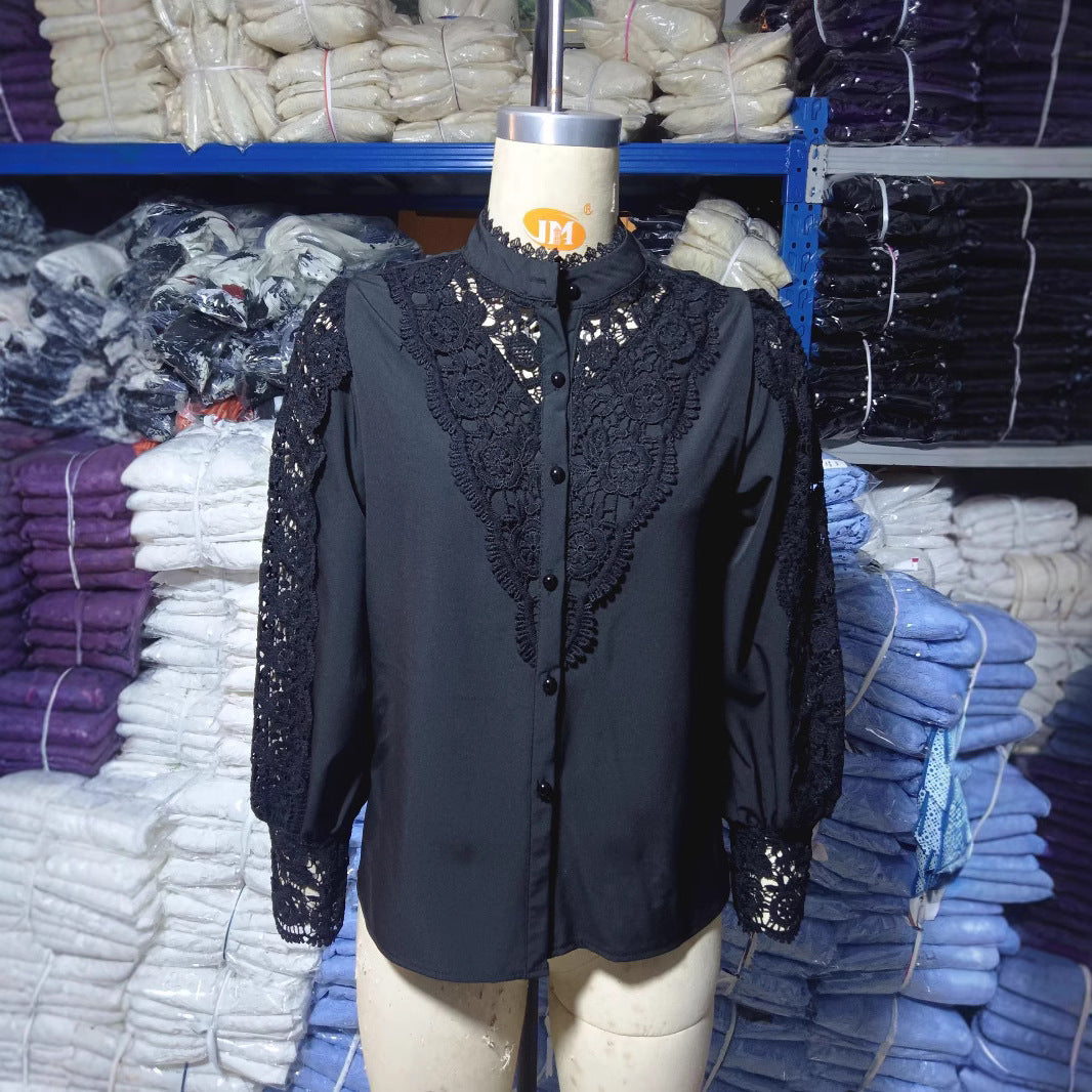 Wish Bestseller Arrival Solid Color Lace V-Neck Cardigan Women's Shirt