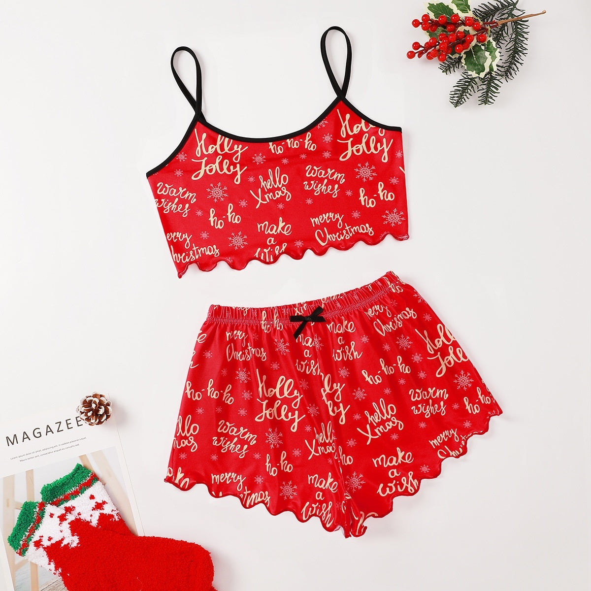 Schattige tweedelige tweedelige kerstpajama voor dames Pyjama Crop Top en Shorts Set