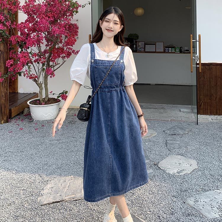 Mid Length Denim Overall Dress With Adjustable Straps For Summer