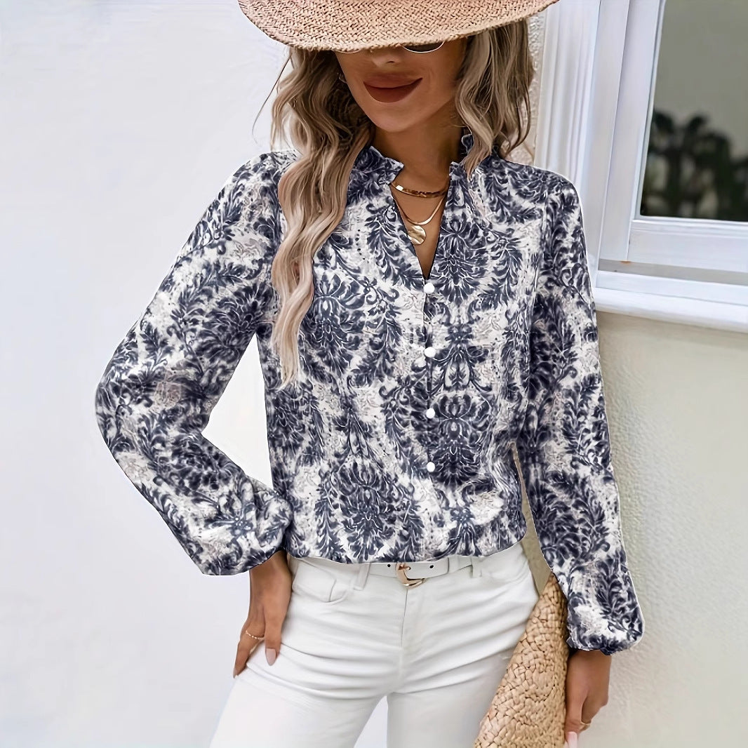 Full Print Lantern Sleeve Ruffled Trim Shirt